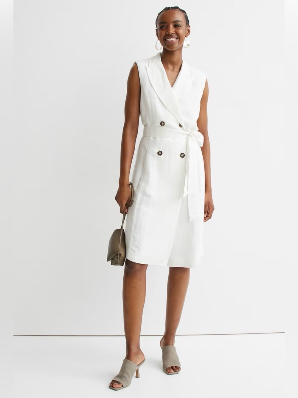 NWT H&M White Sleeveless Double-Breasted Midi Dress